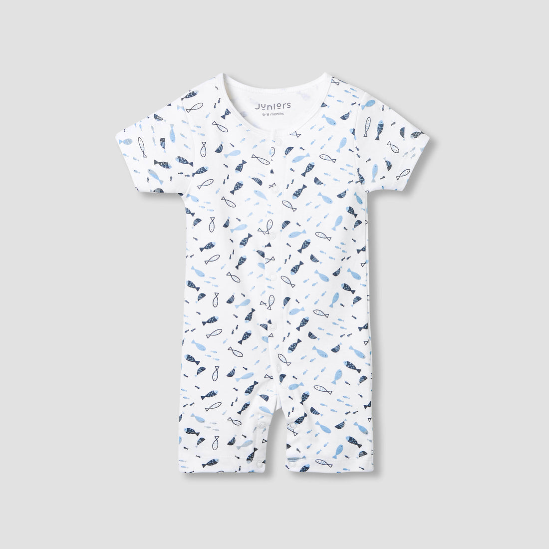 Juniors Round Neck Romper with Fish Print - Cotton - Short Sleeves - White / 12-18 mths