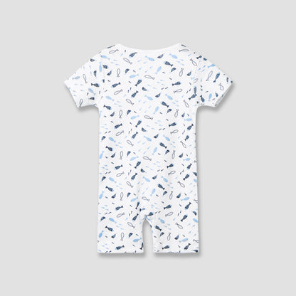 Juniors Round Neck Romper with Fish Print - Cotton - Short Sleeves