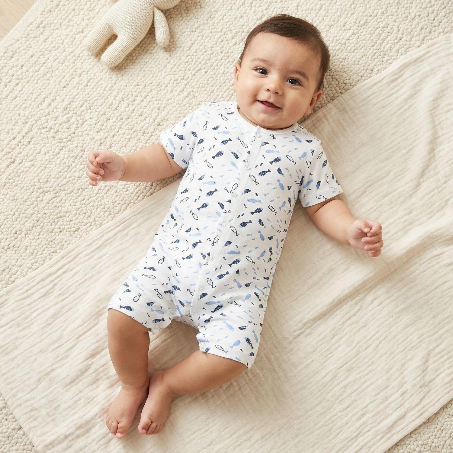 Juniors Round Neck Romper with Fish Print - Cotton - Short Sleeves