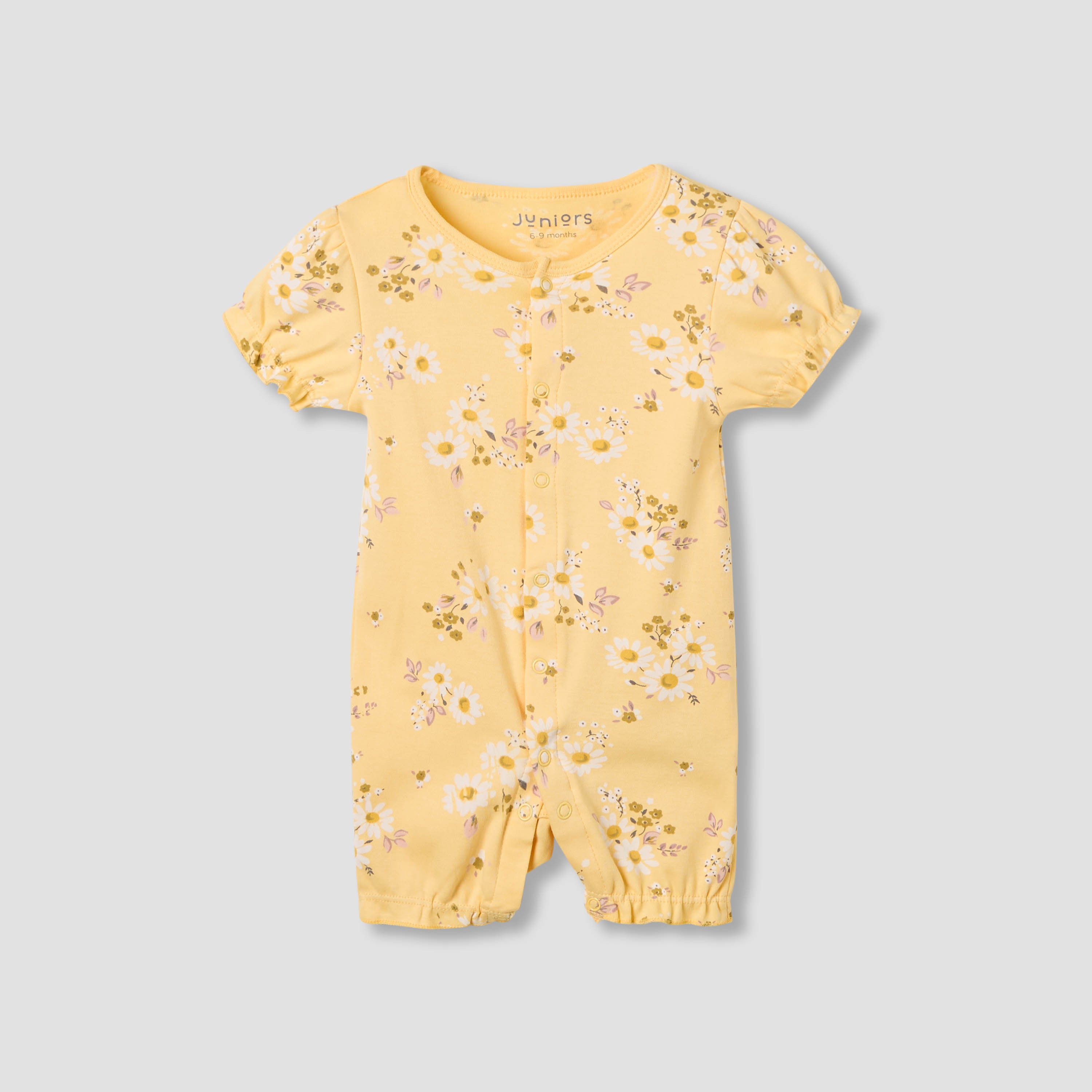 Juniors Round Neck Romper with Daisy Print - Cotton - Short Sleeves - Orange / 12-18 mths