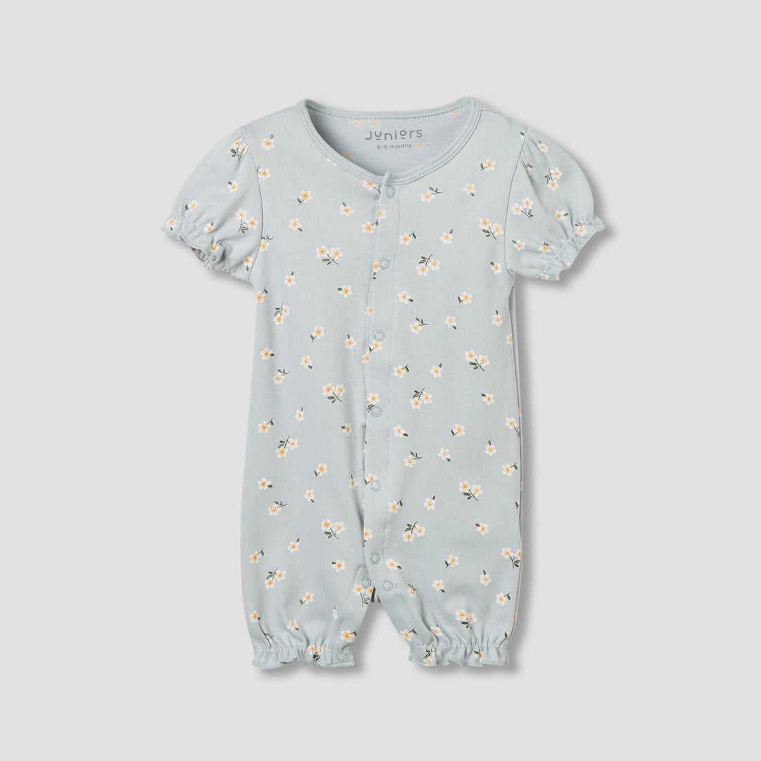 Juniors Crew Neck Romper with Floral Print - Cotton - Short Sleeves - Grey / 12-18 mths