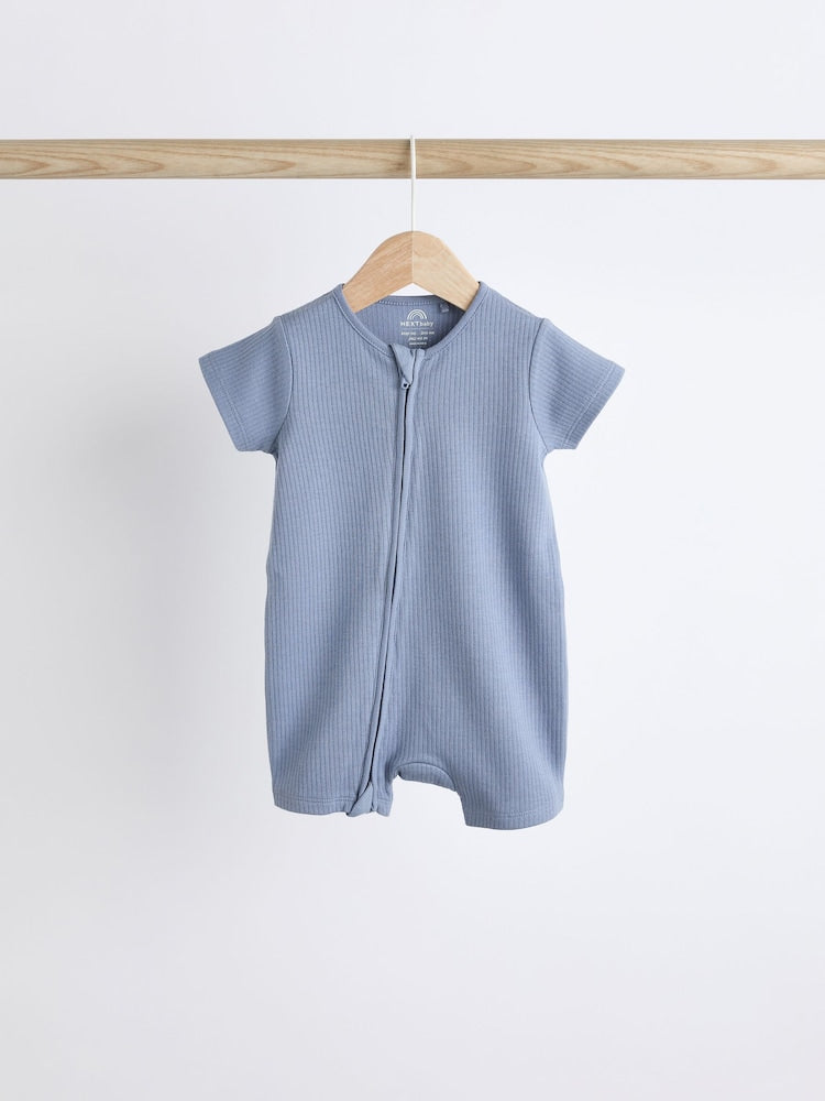 Blue Baby Two Way Zip 100% Cotton Rompers 3 Pack (0-3yrs)
