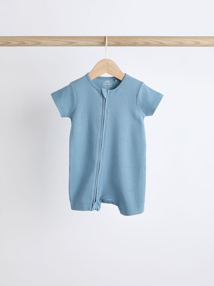 Blue Baby Two Way Zip 100% Cotton Rompers 3 Pack (0-3yrs)