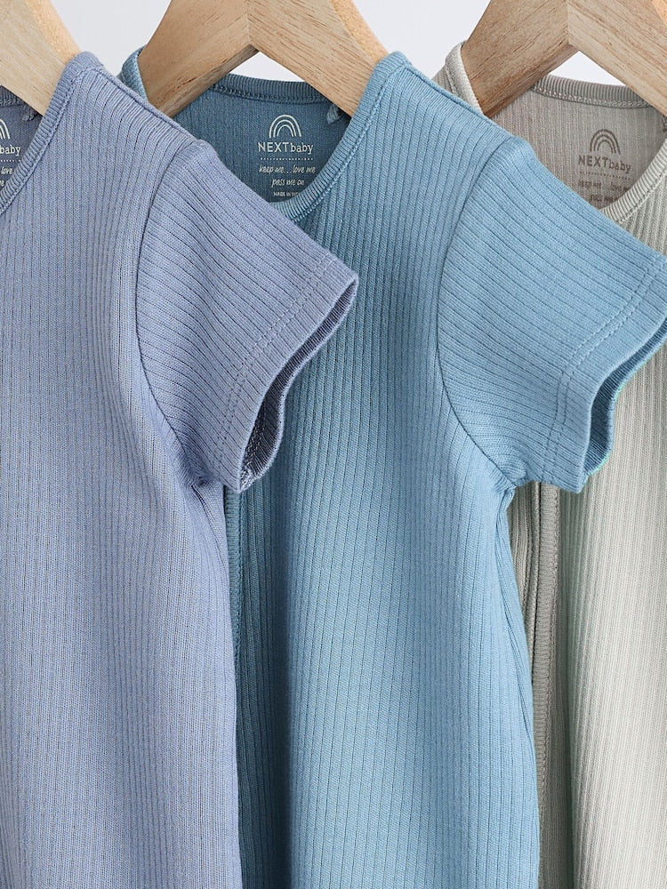 Blue Baby Two Way Zip 100% Cotton Rompers 3 Pack (0-3yrs)