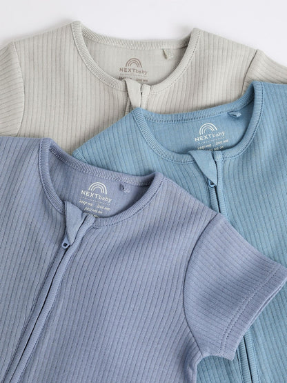 Blue Baby Two Way Zip 100% Cotton Rompers 3 Pack (0-3yrs)