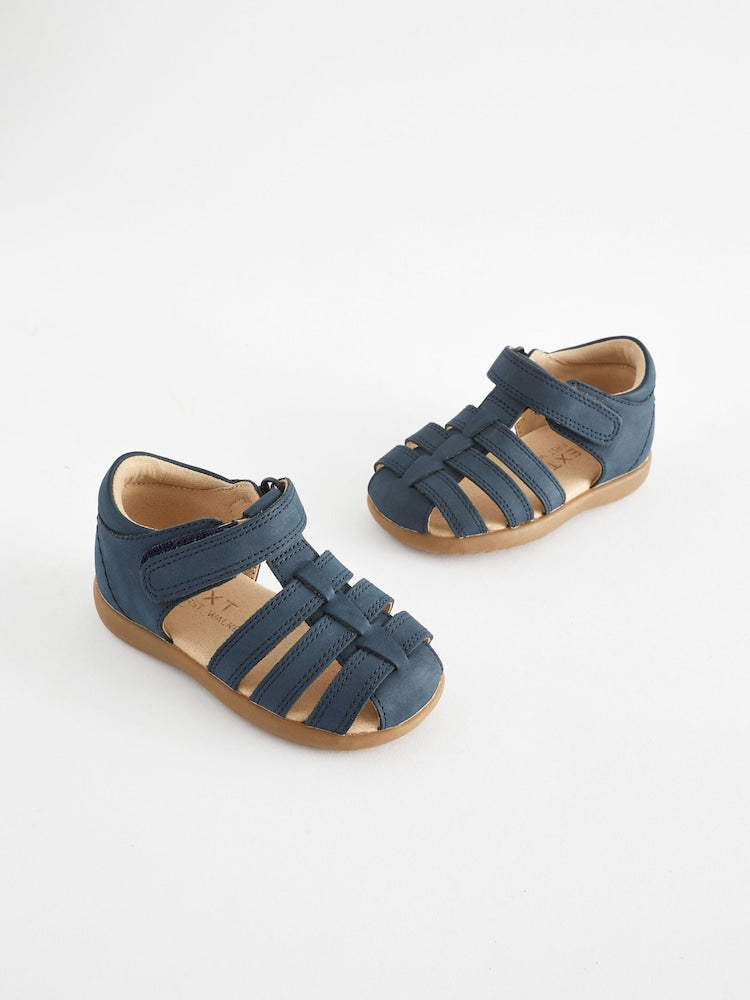 Navy Standard Fit (F) Baby Touch Fastening Leather First Walker Sandals - Navy / EU 19.5 (UK 3.5)