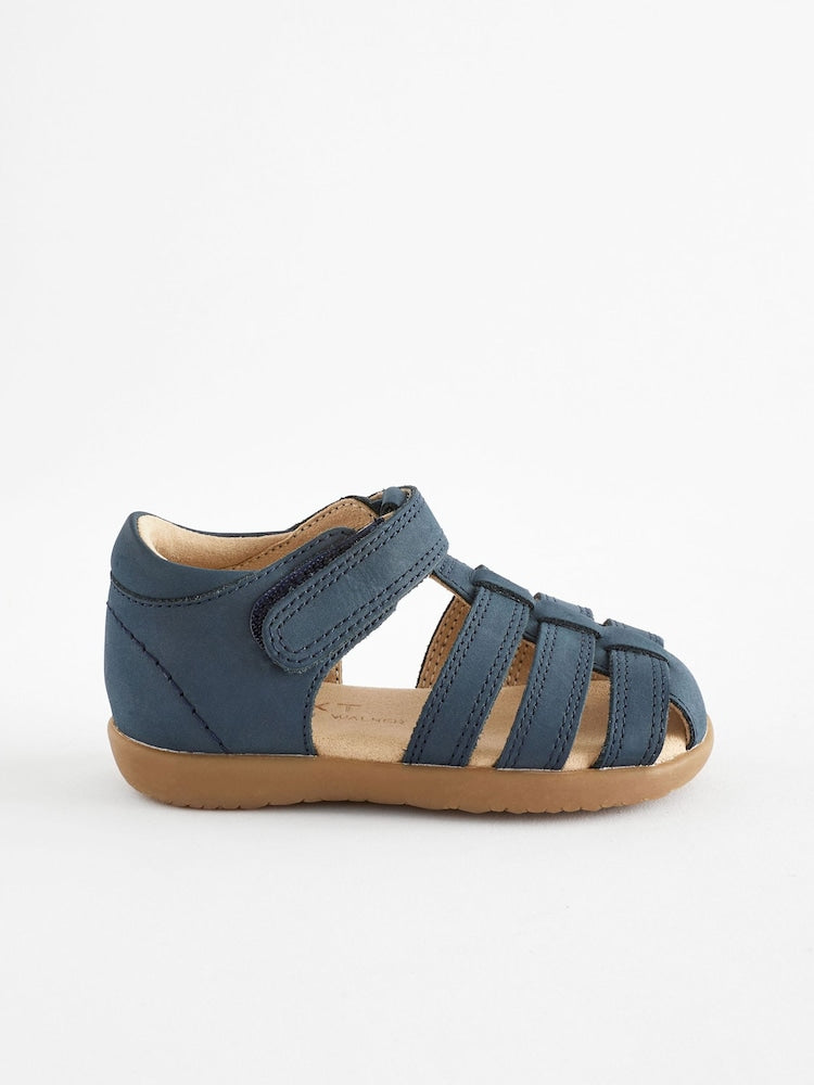 Navy Standard Fit (F) Baby Touch Fastening Leather First Walker Sandals