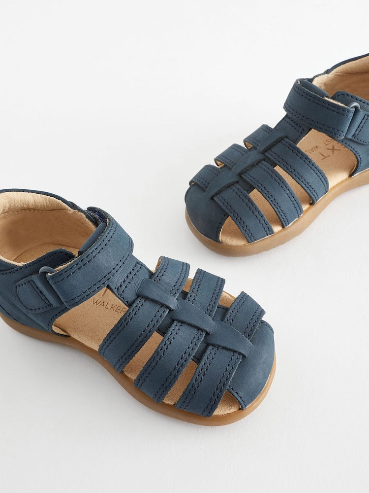 Navy Wide Fit (G) Baby Touch Fastening Leather First Walker Sandals