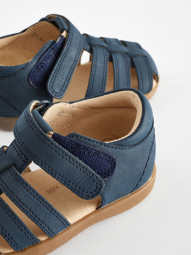 Navy Wide Fit (G) Baby Touch Fastening Leather First Walker Sandals