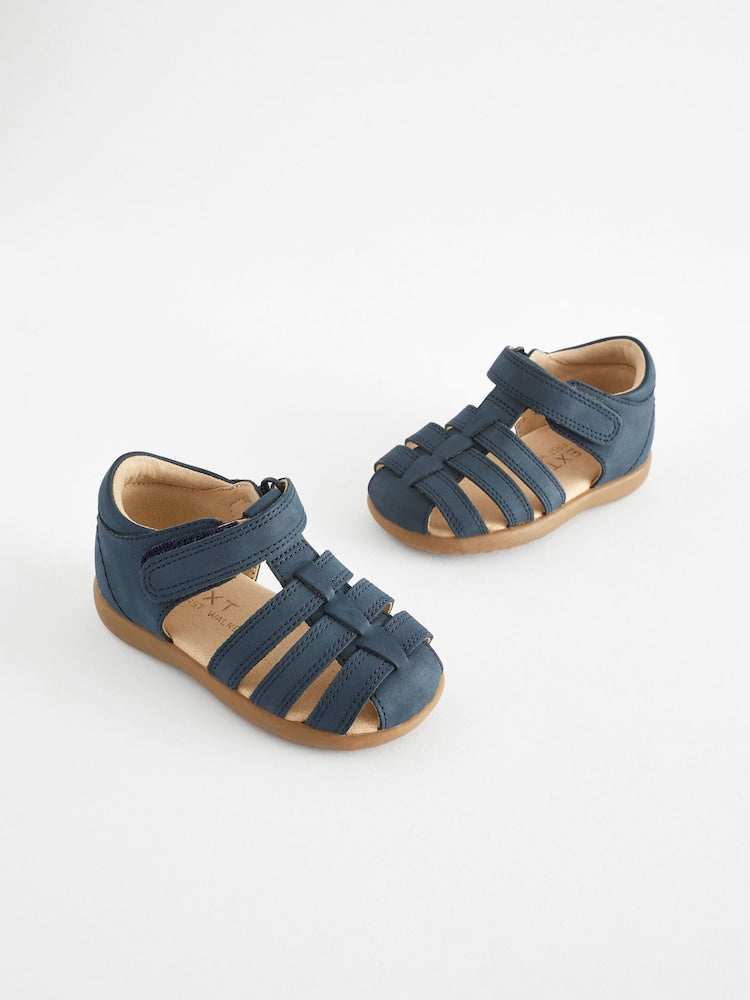Navy Wide Fit (G) Baby Touch Fastening Leather First Walker Sandals