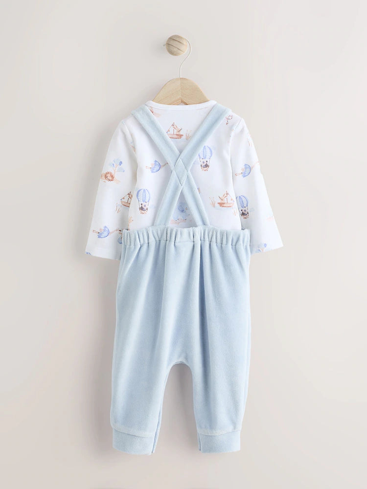 Blue Elephant Print Baby Velour Dungarees and Bodysuit Set (0-18mths)