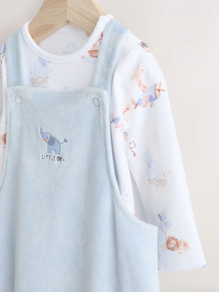 Blue Elephant Print Baby Velour Dungarees and Bodysuit Set (0-18mths)
