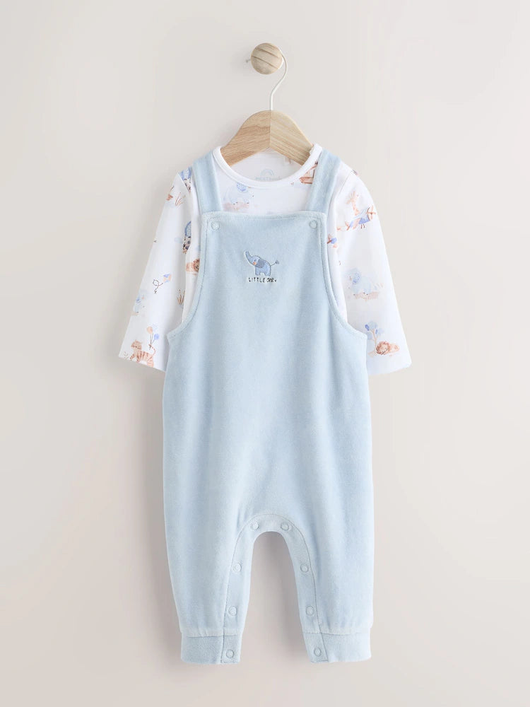Blue Elephant Print Baby Velour Dungarees and Bodysuit Set (0-18mths)