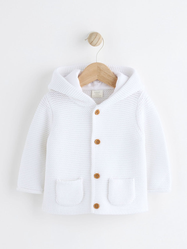 White Knitted Hooded Baby Cardigan - Size 50cm (First Size) - White