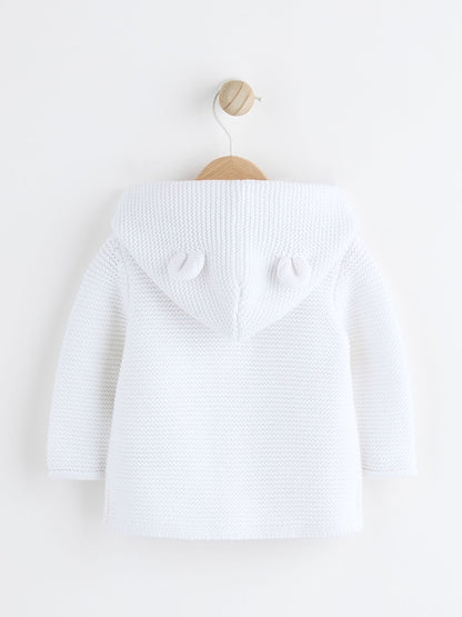 White Knitted Hooded Baby Cardigan - Size 50cm (First Size)