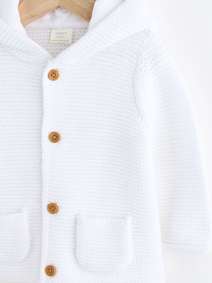 White Knitted Hooded Baby Cardigan - Size 50cm (First Size)