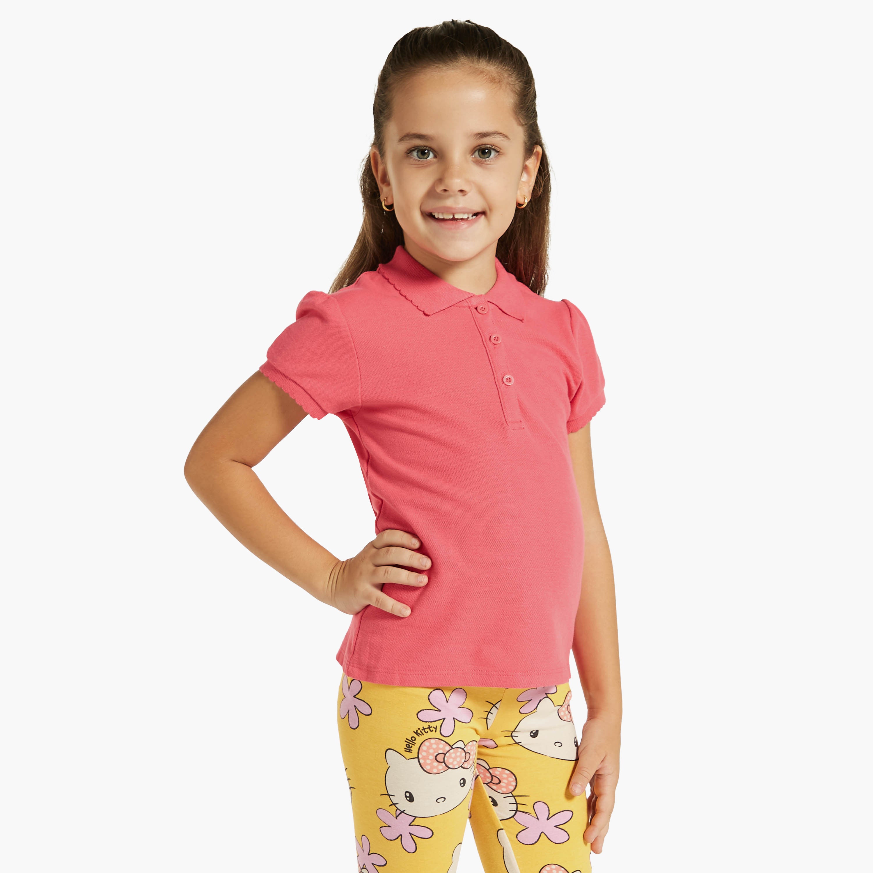 Juniors Solid Polo T-shirt with Short Sleeves and Button Closure - White / 1-2 yrs