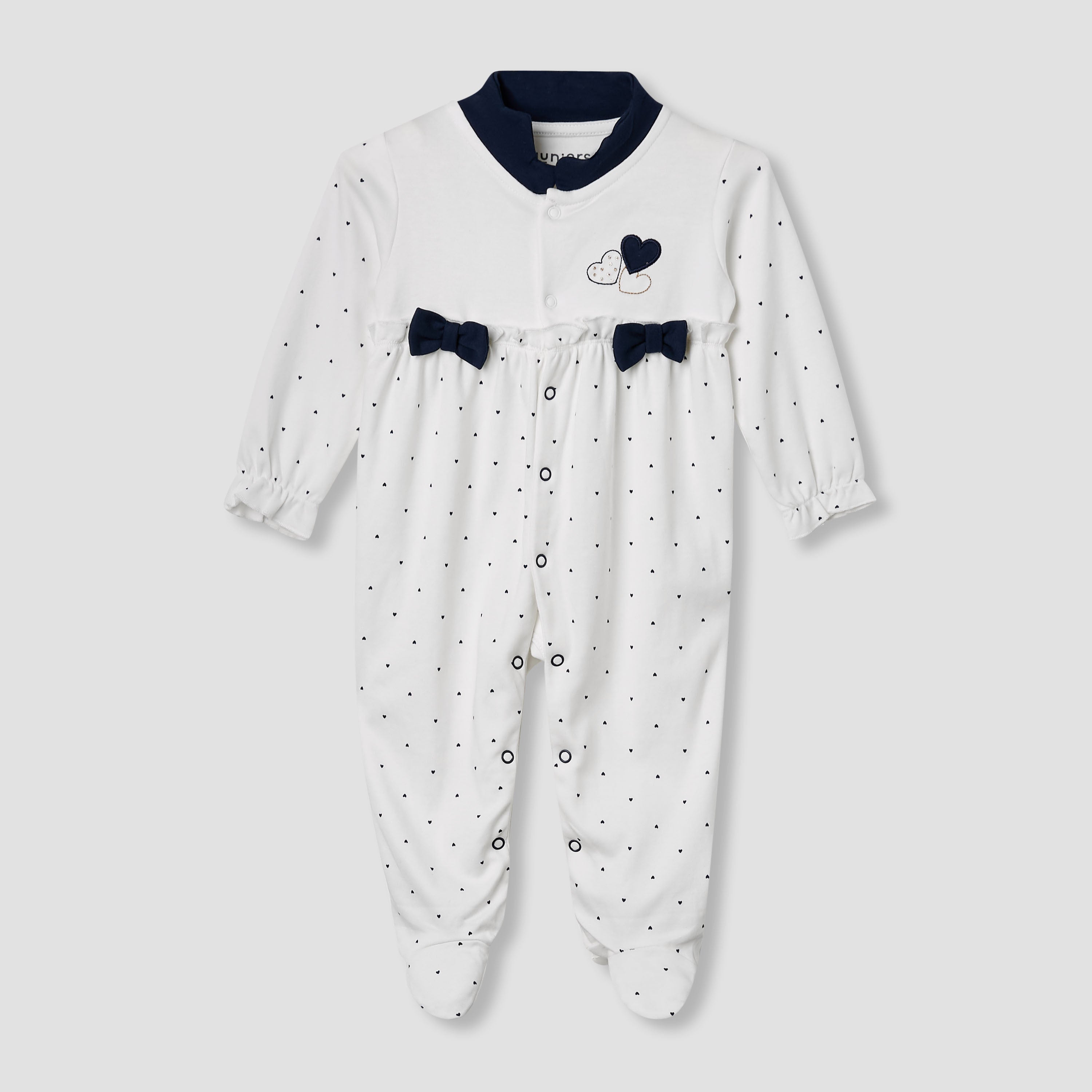 Juniors Heart Print Closed Feet Sleepsuit with Long Sleeves - White / 9-12 mths