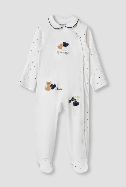 Juniors Heart Print Sleepsuit with Long Sleeves and Button Closure