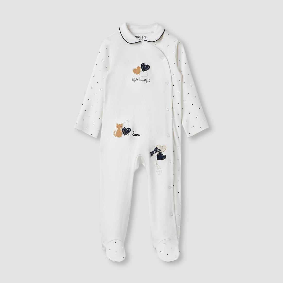 Juniors Heart Print Sleepsuit with Long Sleeves and Button Closure - White / 9-12 mths