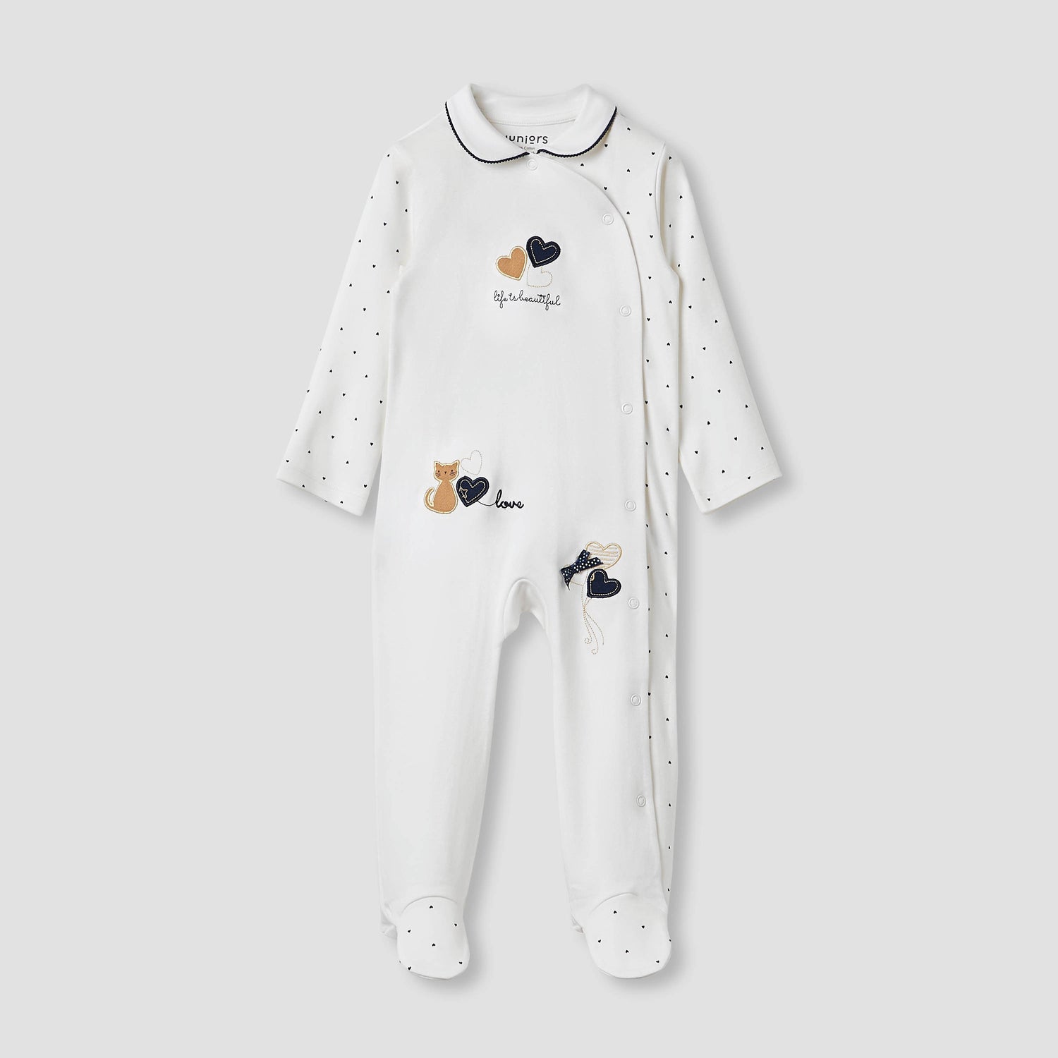 Juniors Heart Print Sleepsuit with Long Sleeves and Button Closure - White / 9-12 mths