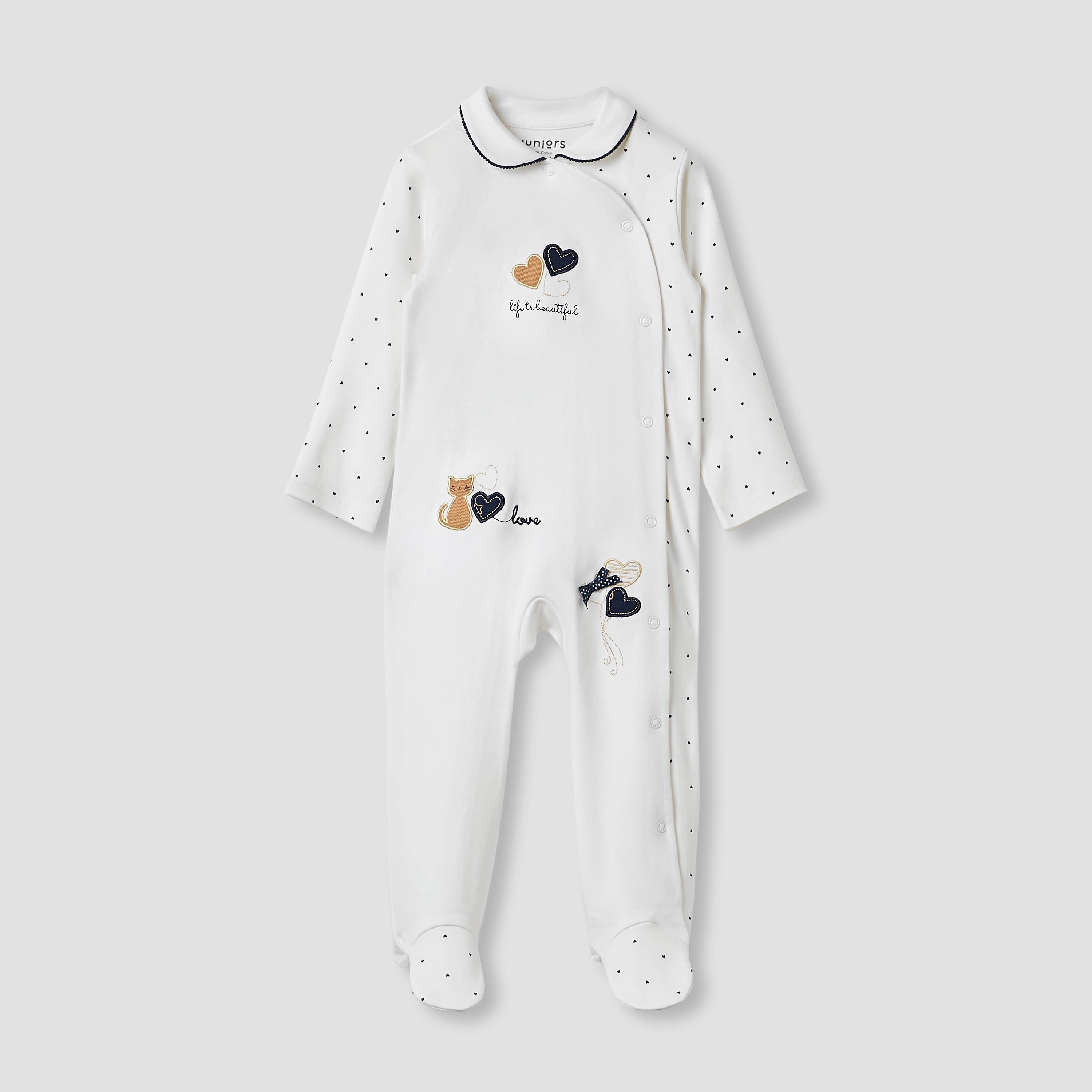 Juniors Heart Print Sleepsuit with Long Sleeves and Button Closure - White / 9-12 mths