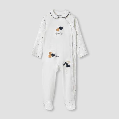 Juniors Heart Print Sleepsuit with Long Sleeves and Button Closure - White / 9-12 mths