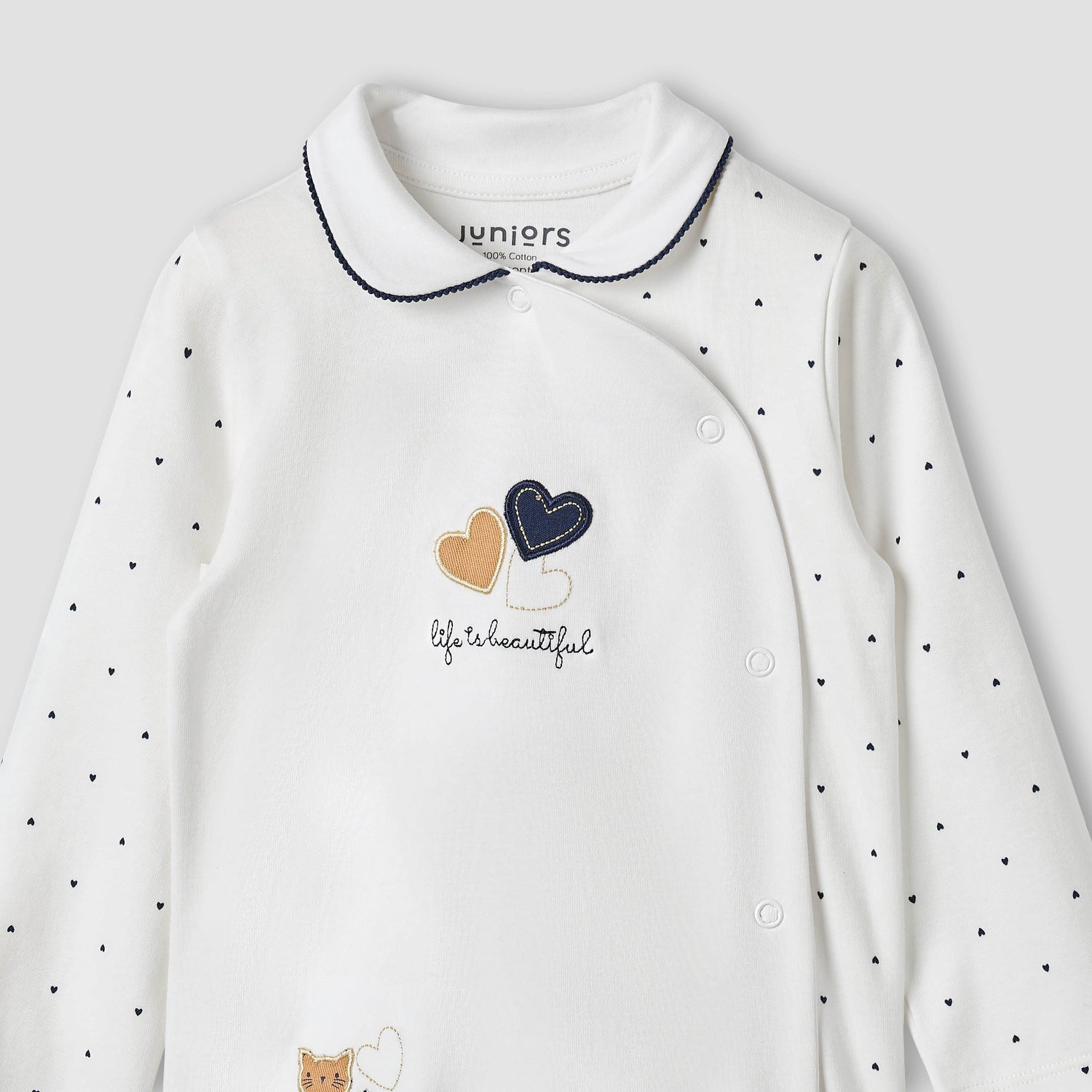 Juniors Heart Print Sleepsuit with Long Sleeves and Button Closure
