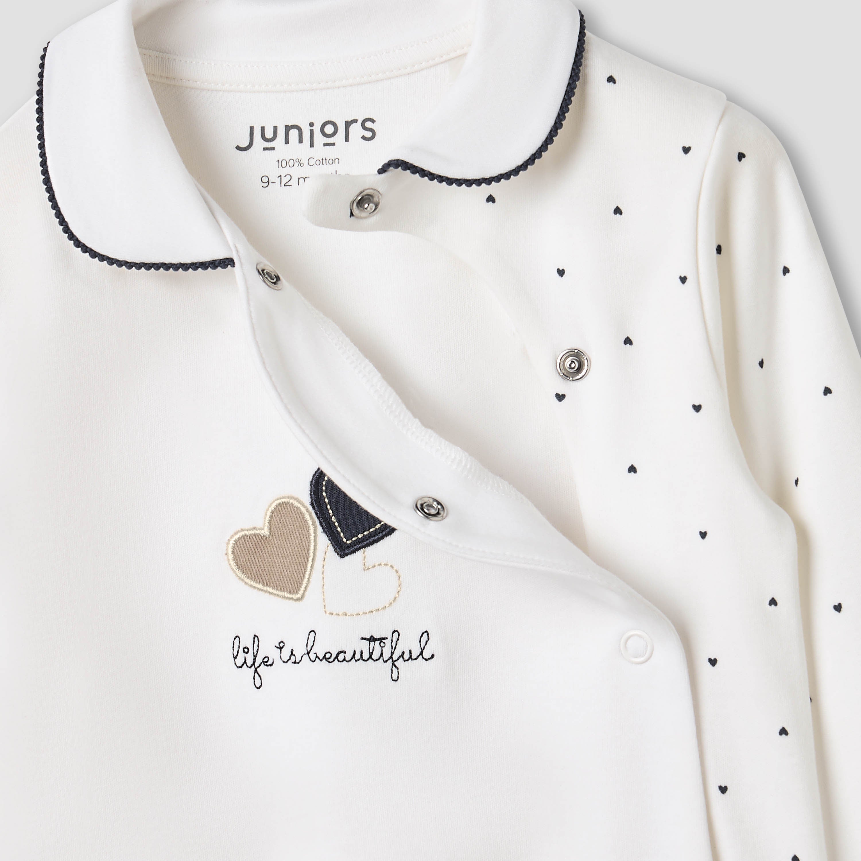 Juniors Heart Print Sleepsuit with Long Sleeves and Button Closure