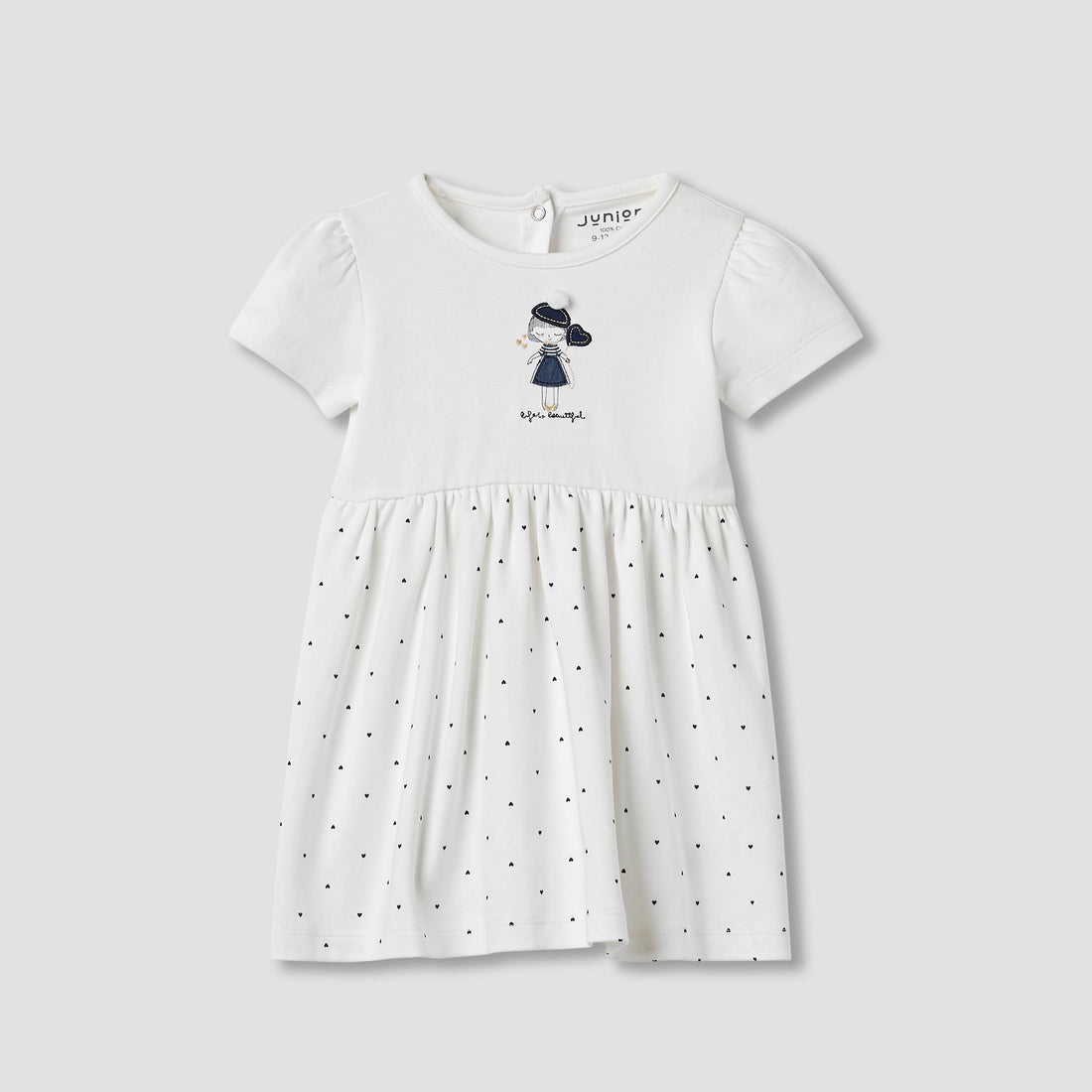 Juniors Heart Print A-line Dress with Embroidered Detail - White / 12-18 mths