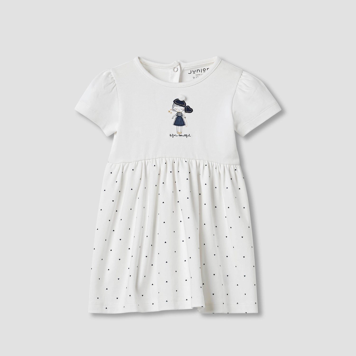 Juniors Heart Print A-line Dress with Embroidered Detail - White / 12-18 mths