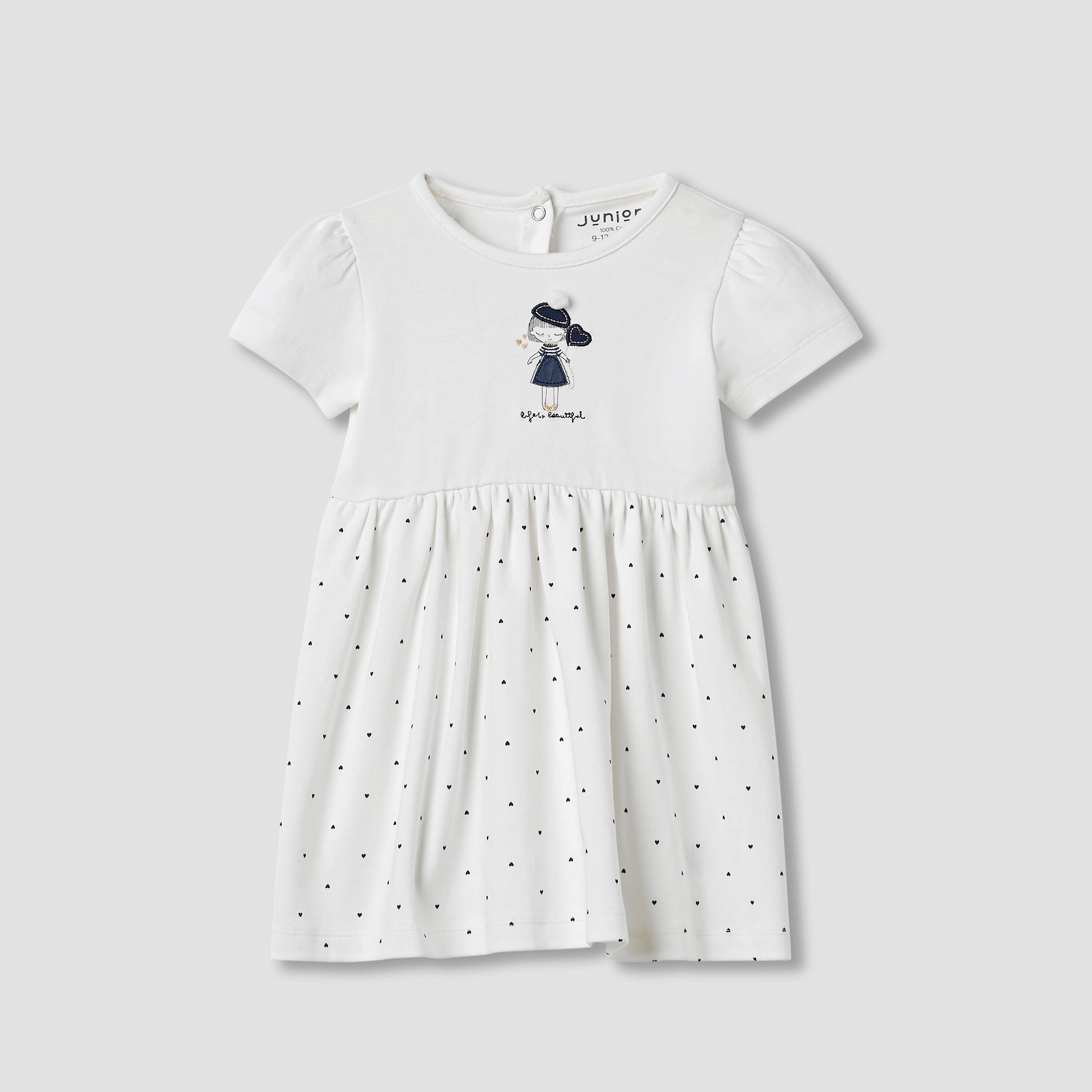 Juniors Heart Print A-line Dress with Embroidered Detail - White / 12-18 mths
