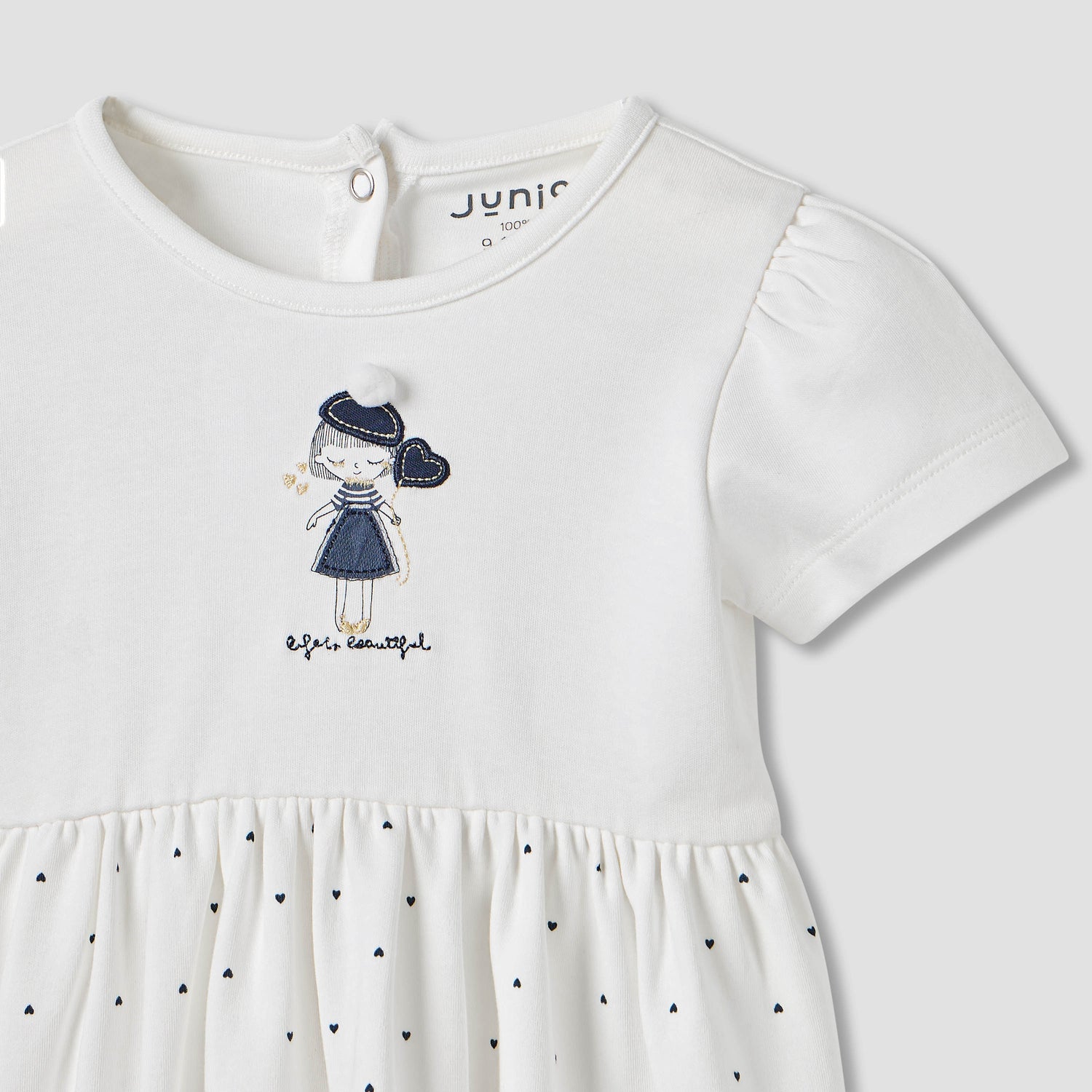 Juniors Heart Print A-line Dress with Embroidered Detail
