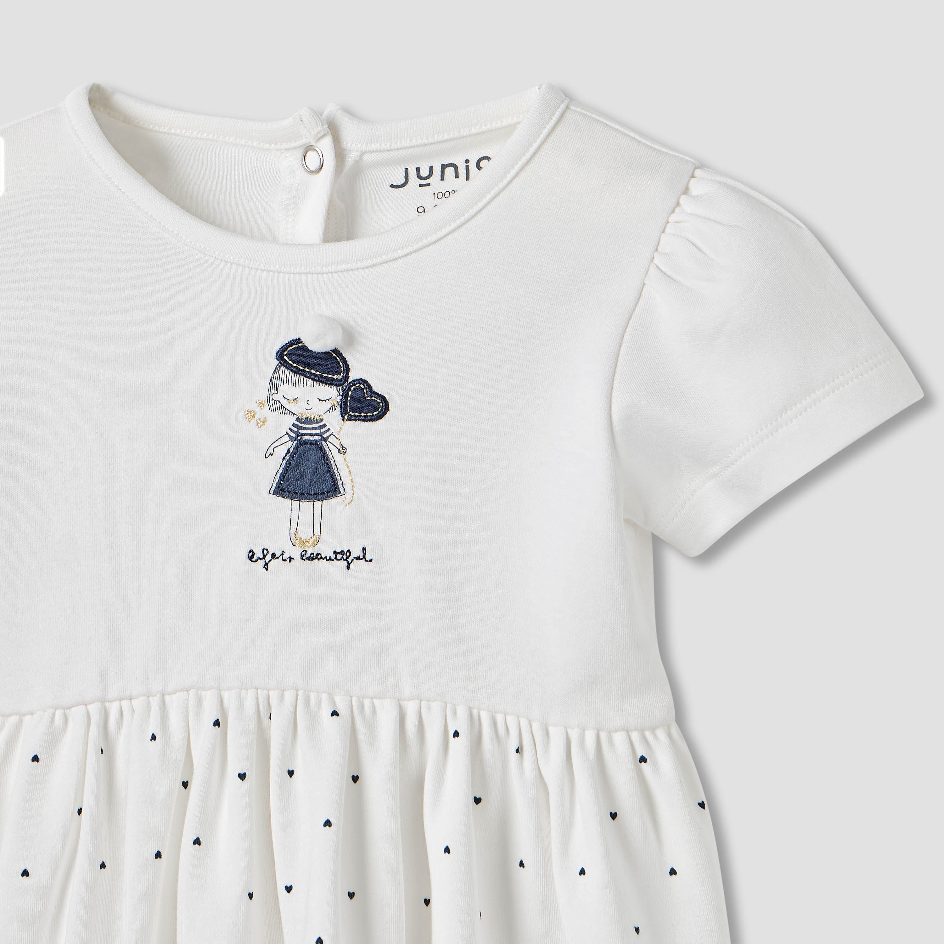 Juniors Heart Print A-line Dress with Embroidered Detail
