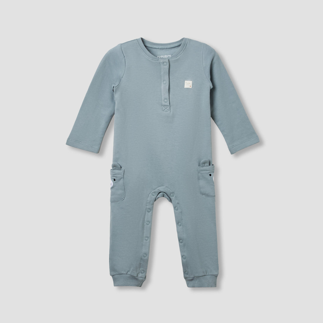 Juniors Henley Neck Sleepsuit with Teddy Applique - Cotton - Long Sleeves - Blue / 9-12 mths