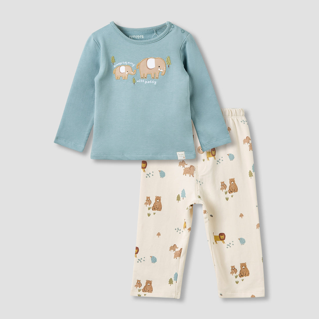 Juniors Pyjama Set with Elephant Print - Cotton - Long Sleeves - Crew Neck - Blue / 9-12 mths