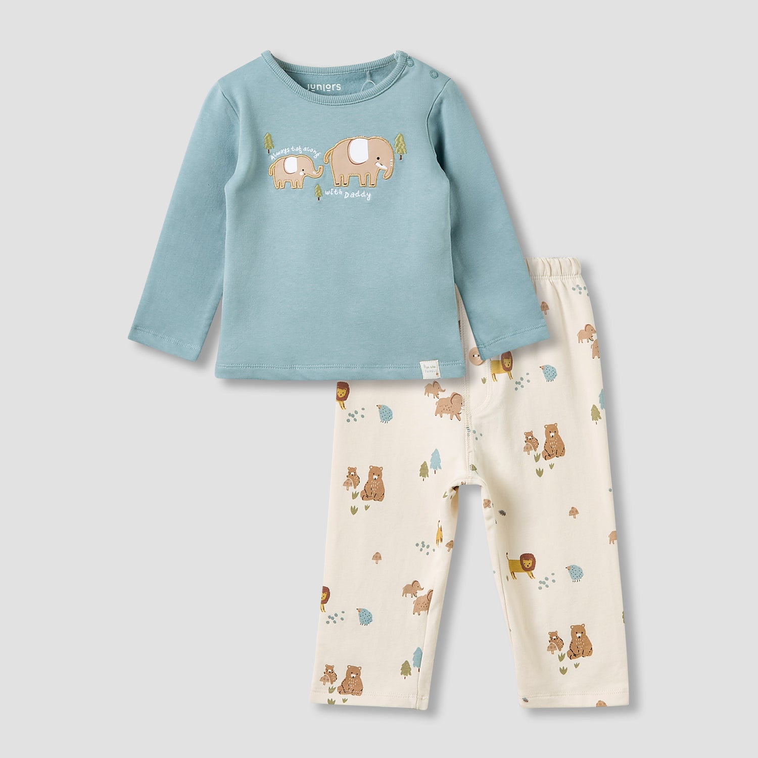 Juniors Pyjama Set with Elephant Print - Cotton - Long Sleeves - Crew Neck - Blue / 9-12 mths