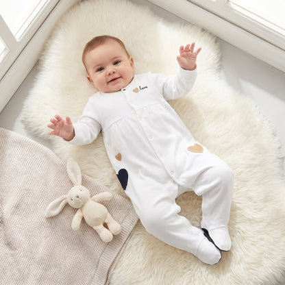 Juniors Cotton Round Neck Long Sleeves Sleepsuit with Snap Button Closure - White / 9-12 mths