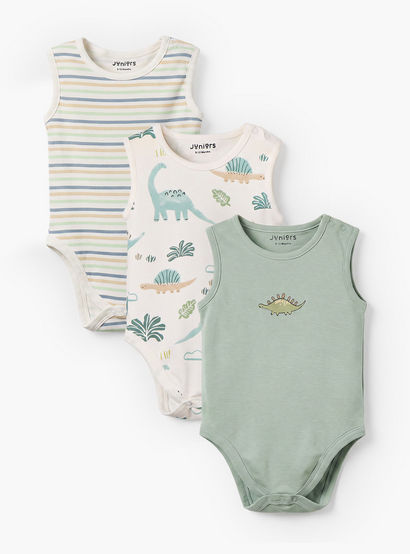Pack of 3 Juniors Round Neck Sleeveless Bodysuit with Dinosaur Print-baby-boys-clothing-bodysuits-image-1