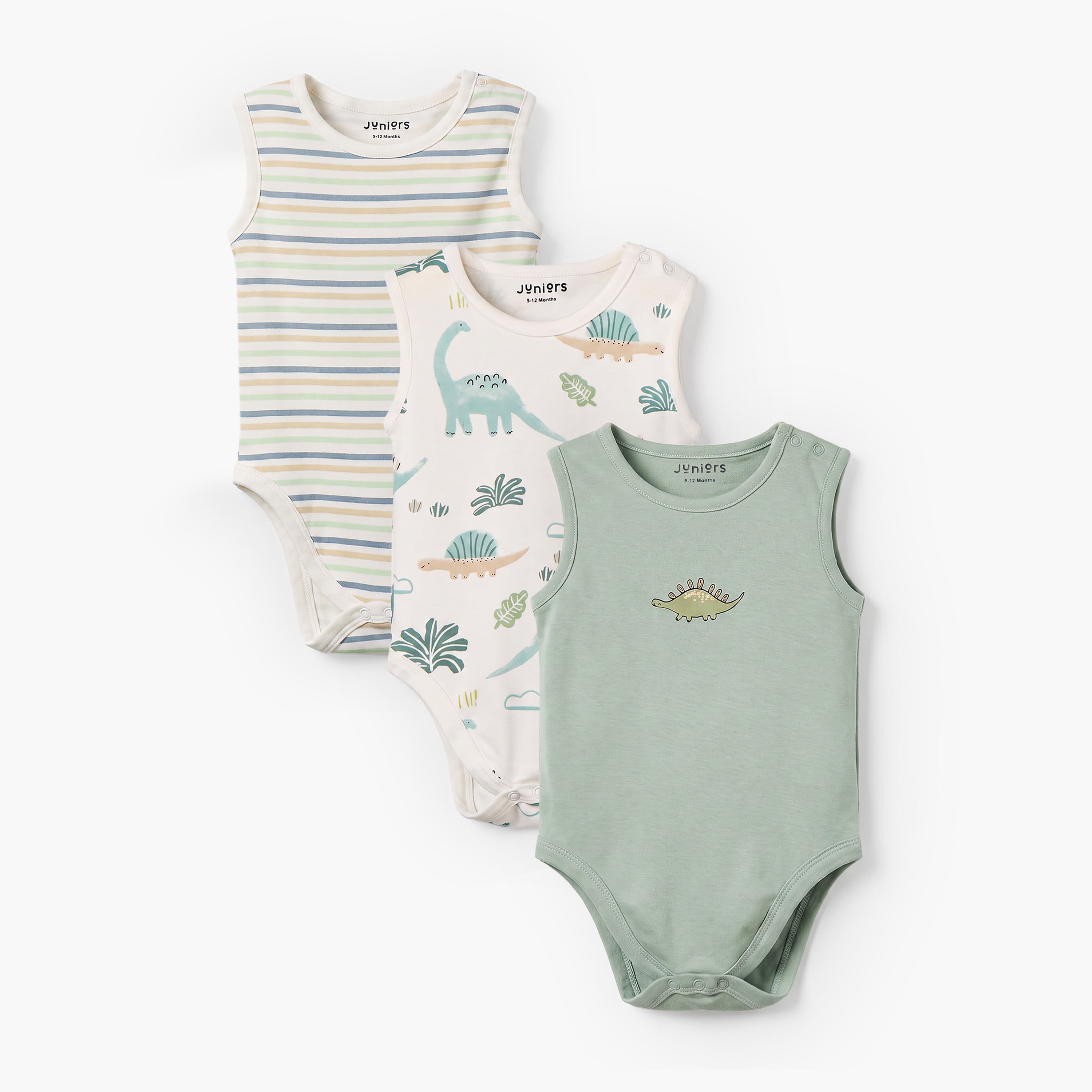 Pack of 3 Juniors Round Neck Sleeveless Bodysuit with Dinosaur Print - Green / 12-18 mths