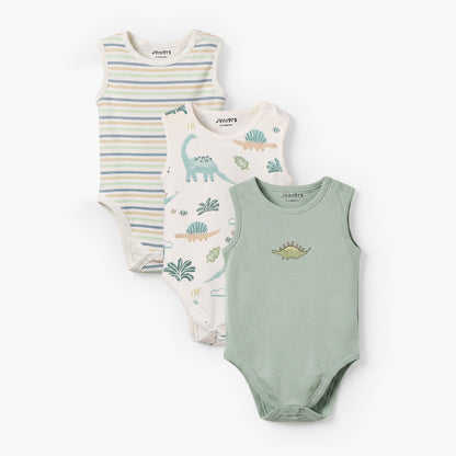 Pack of 3 Juniors Round Neck Sleeveless Bodysuit with Dinosaur Print - Green / 12-18 mths