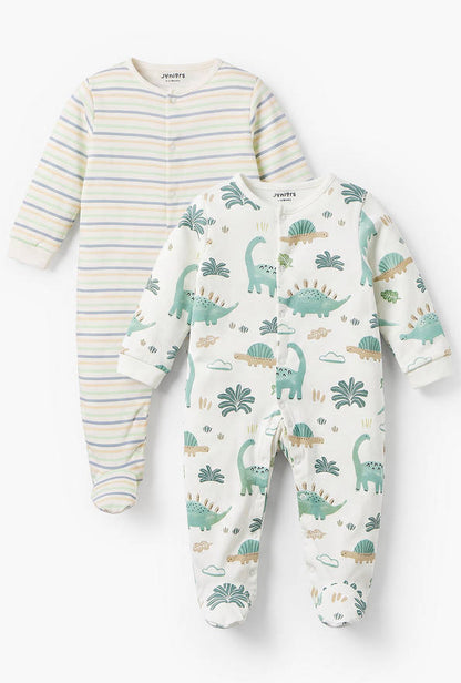 Pack of 2 Juniors Cotton Crew Neck Long Sleeves Sleepsuit with Dinosaur Print