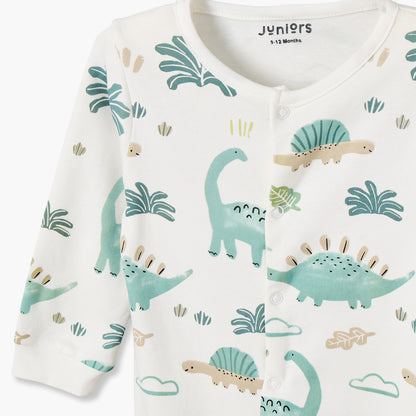 Pack of 2 Juniors Cotton Crew Neck Long Sleeves Sleepsuit with Dinosaur Print