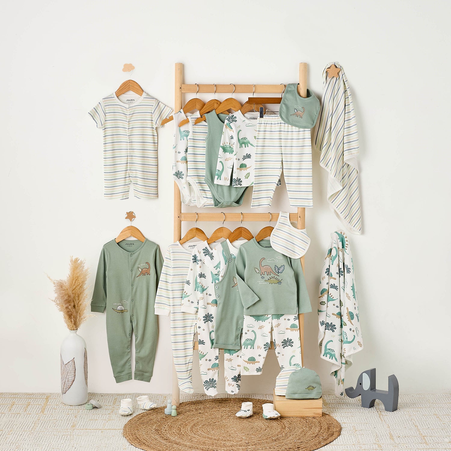 Pack of 2 Juniors Cotton Crew Neck Long Sleeves Sleepsuit with Dinosaur Print