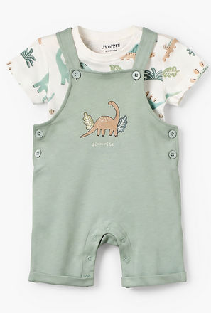 Juniors Crew Neck Short Sleeves T-shirt and Dungaree Set with Dinosaur Print