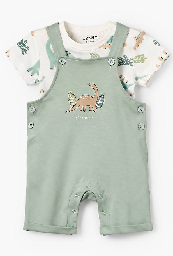 Juniors Crew Neck Short Sleeves T-shirt and Dungaree Set with Dinosaur Print