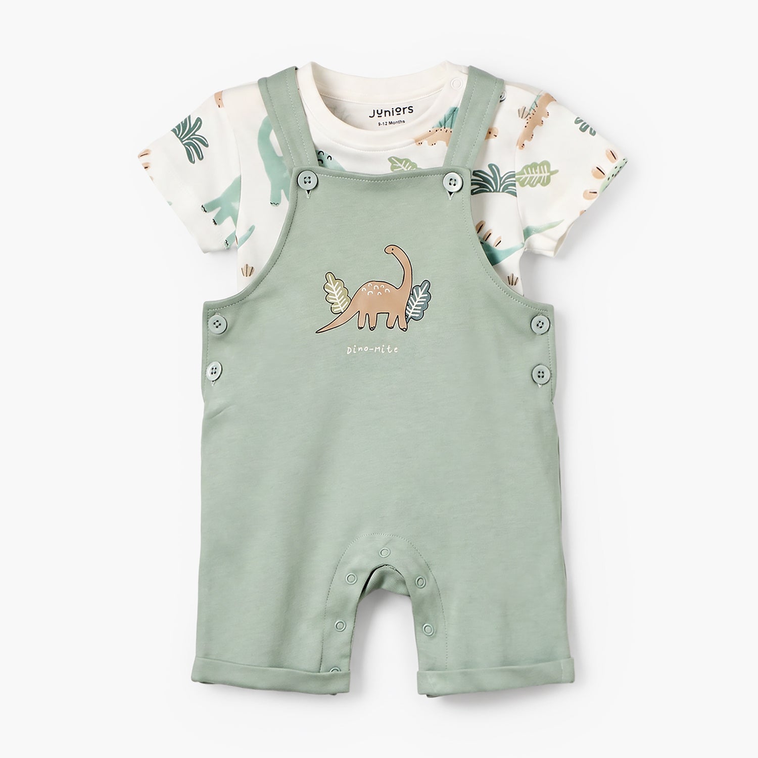 Juniors Crew Neck Short Sleeves T-shirt and Dungaree Set with Dinosaur Print - Green / 12-18 mths