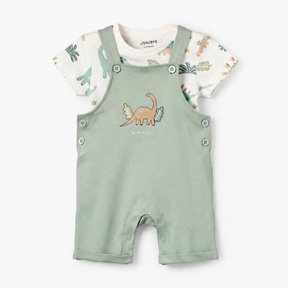 Juniors Crew Neck Short Sleeves T-shirt and Dungaree Set with Dinosaur Print - Green / 12-18 mths