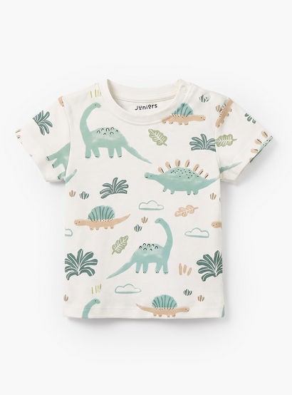 Juniors Crew Neck Short Sleeves T-shirt and Dungaree Set with Dinosaur Print-baby-boys-clothing-setsandcoords-image-3