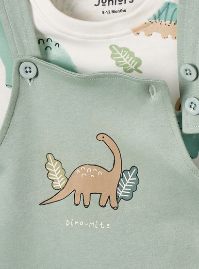 Juniors Crew Neck Short Sleeves T-shirt and Dungaree Set with Dinosaur Print-baby-boys-clothing-setsandcoords-image-5